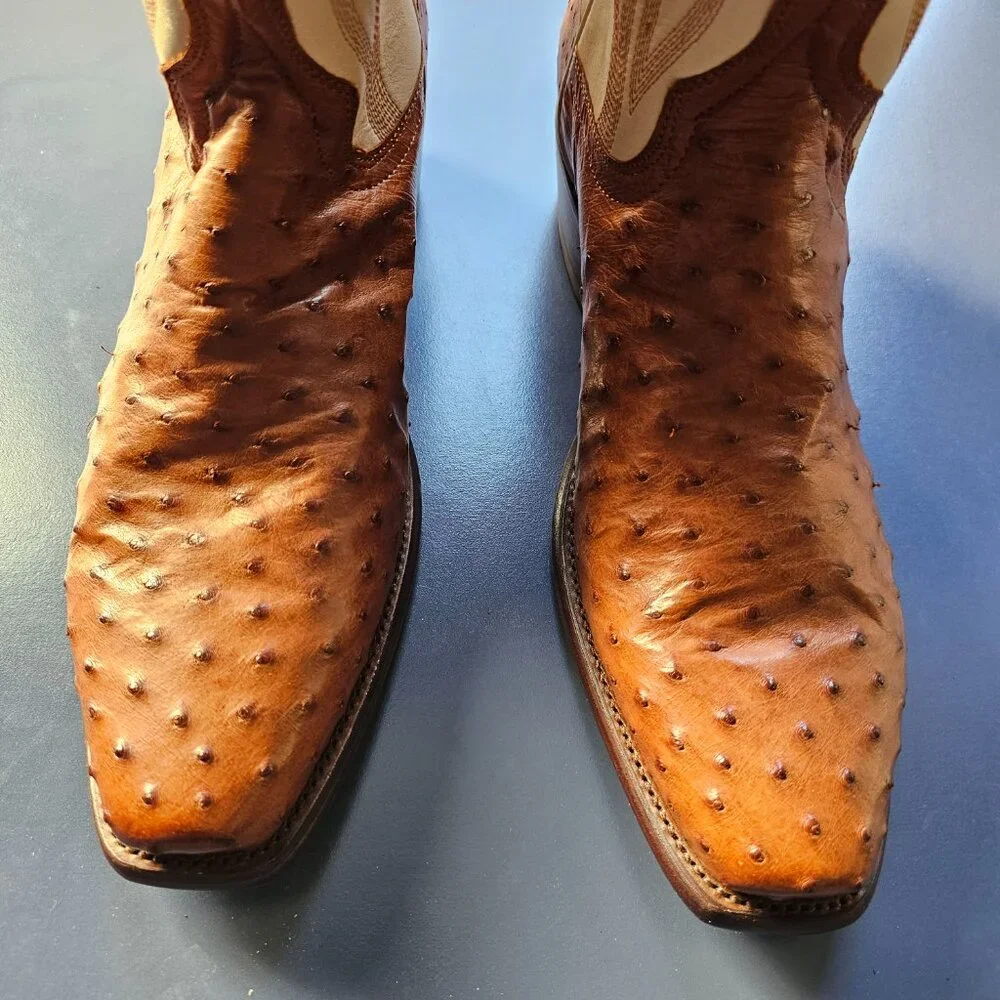 Tecova Men's Light Brown and White Ostrich Boots - Picture 2 of 3